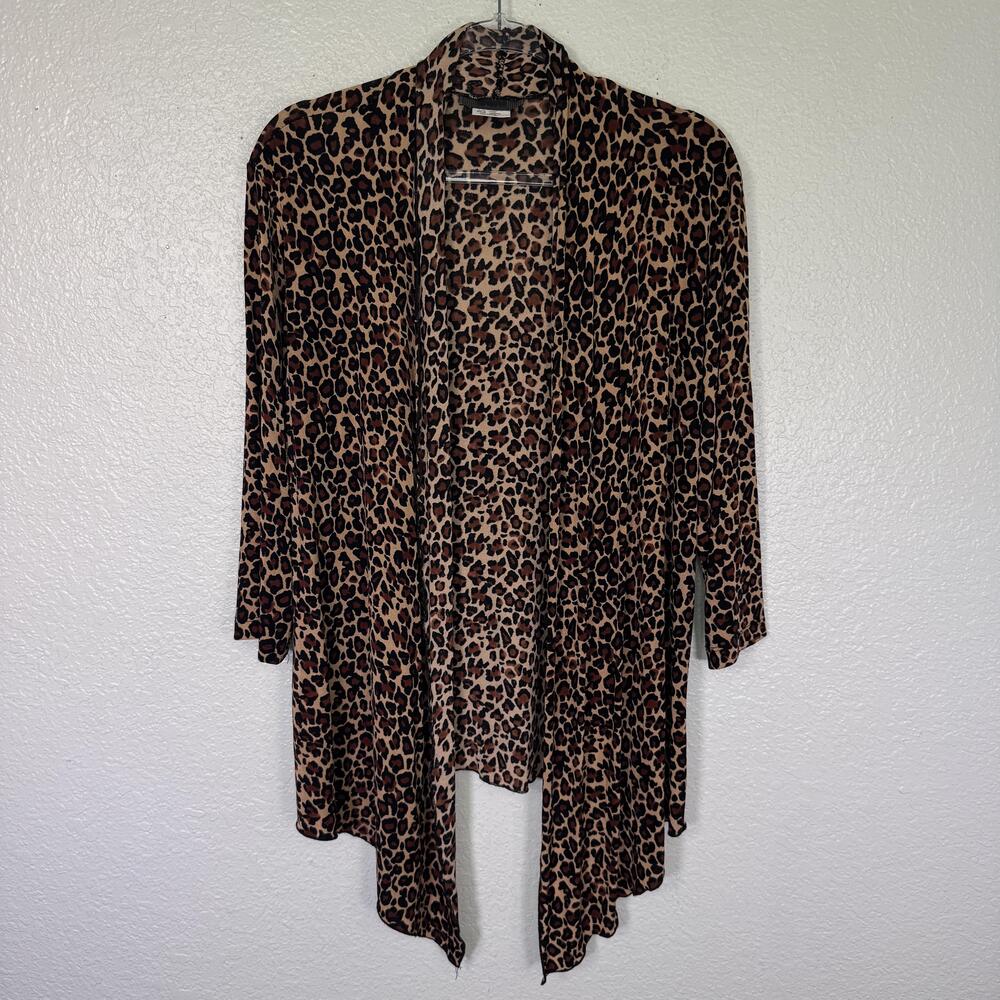 Slinky Brand Cardigan Womens Large Brown Leopard Open Acetate Sweater Travel USA